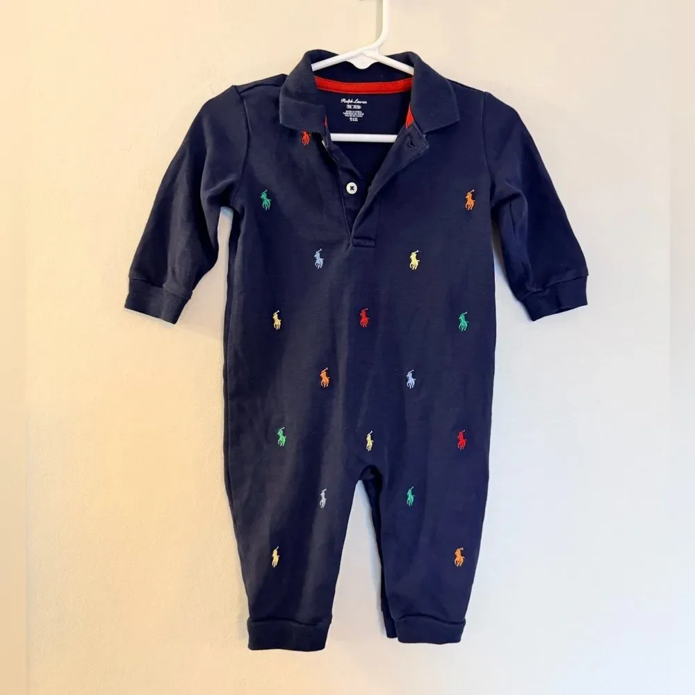 Ralph Lauren Navy Baby Boys Schiffli Cotton Coverall - Size 9 Months